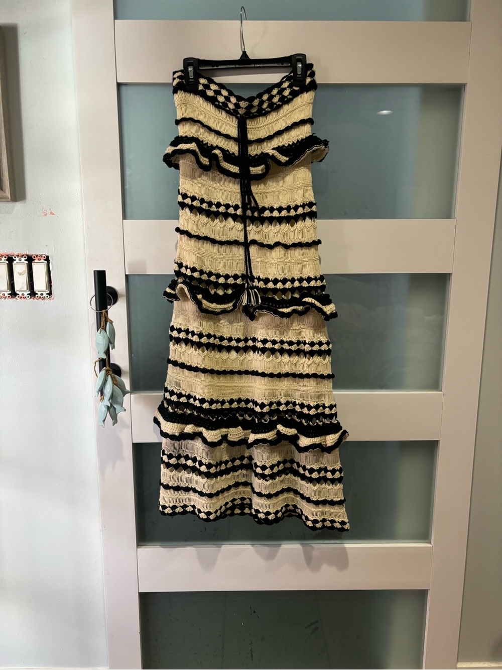 Fate Cream and Black Crochet-Trim Knit Dress